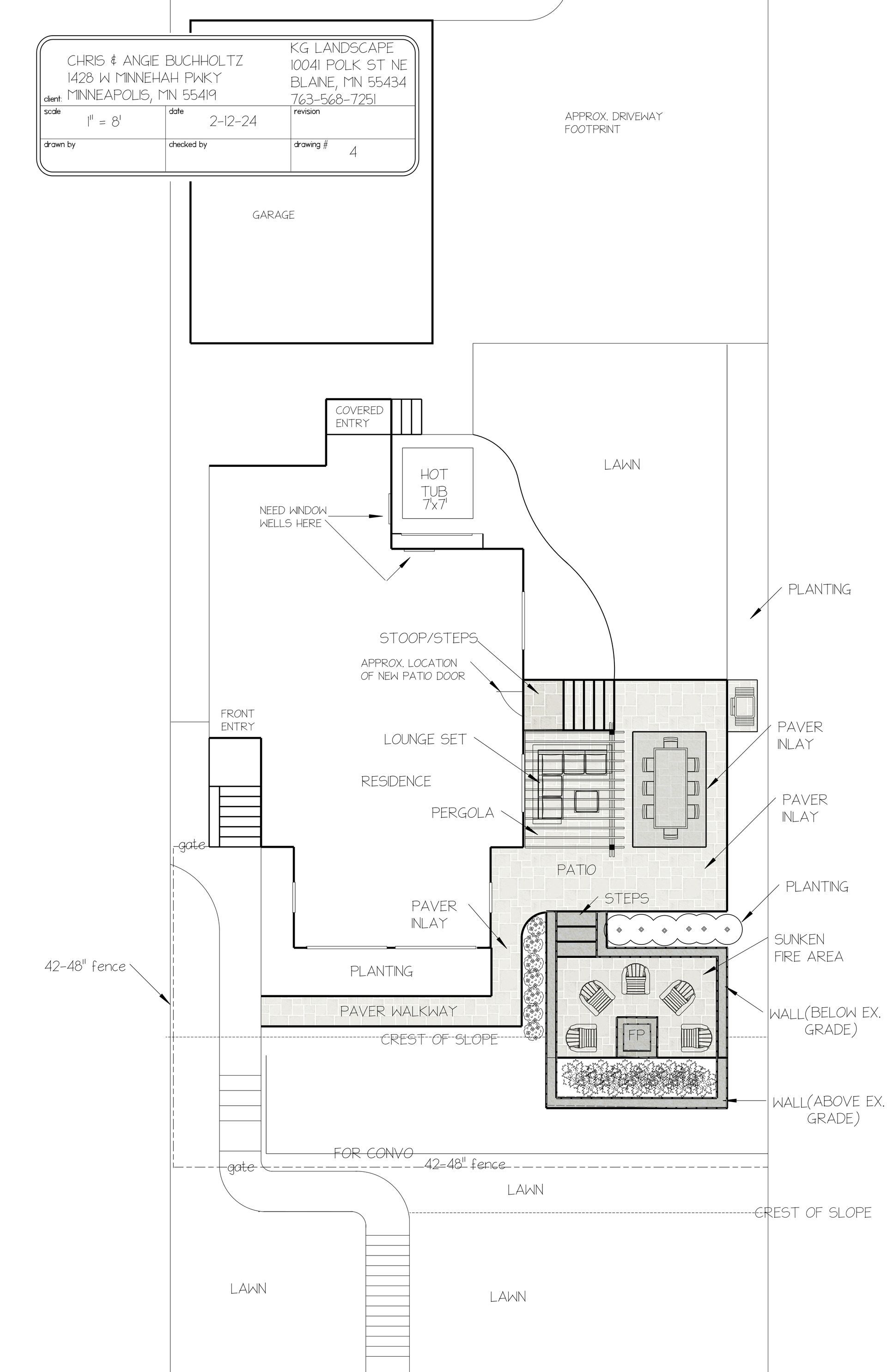CONCEPT DESIGN 4 - exploring ideas for new patio, steps/stoop, bed lines, hot tub location, plantings, walkway, pergola, fencing, lawn shape etc.