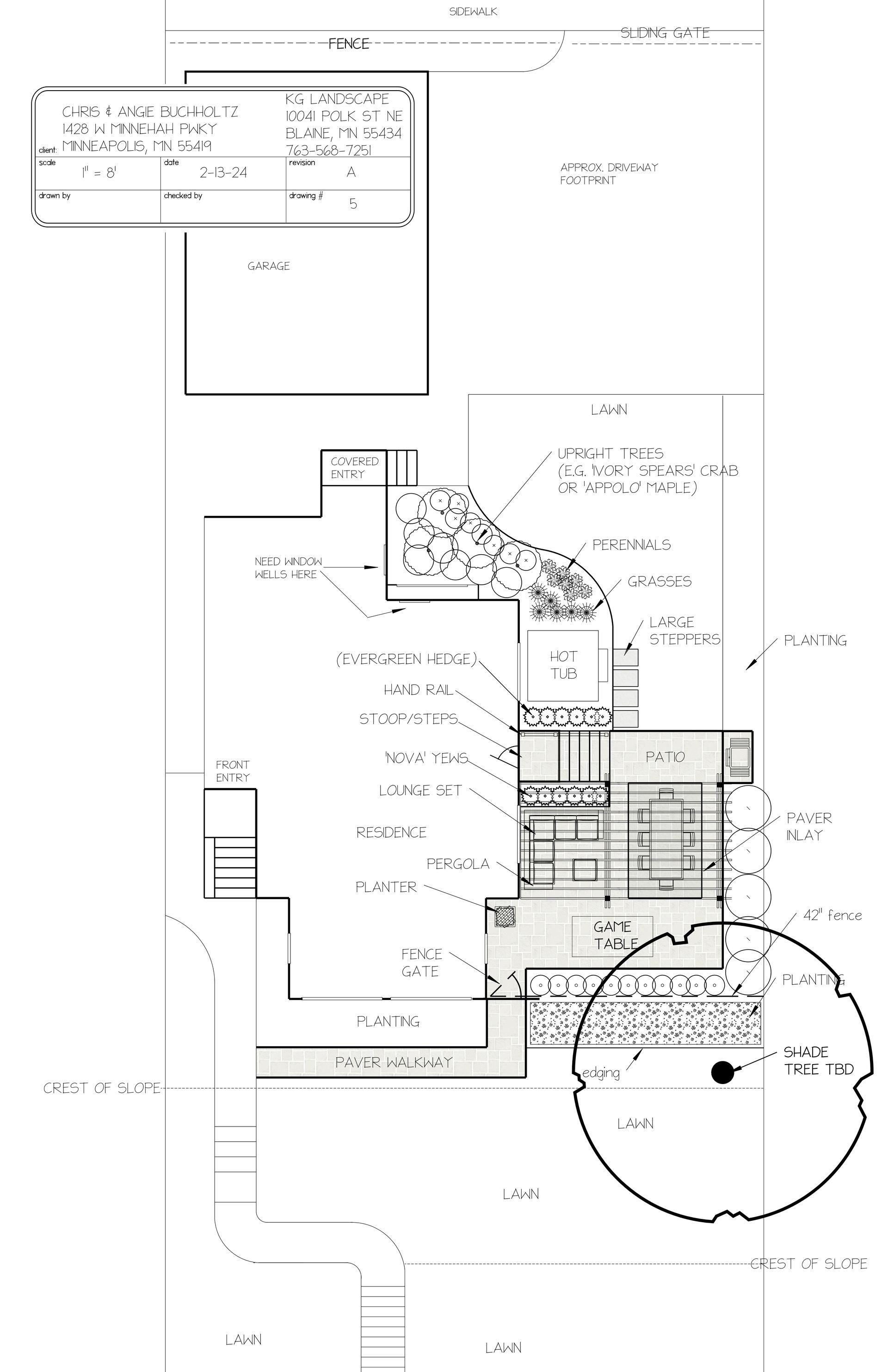 CONCEPT DESIGN 5 - exploring ideas for new patio, steps/stoop, bed lines, hot tub location, plantings, walkway, pergola, fencing, lawn shape etc.