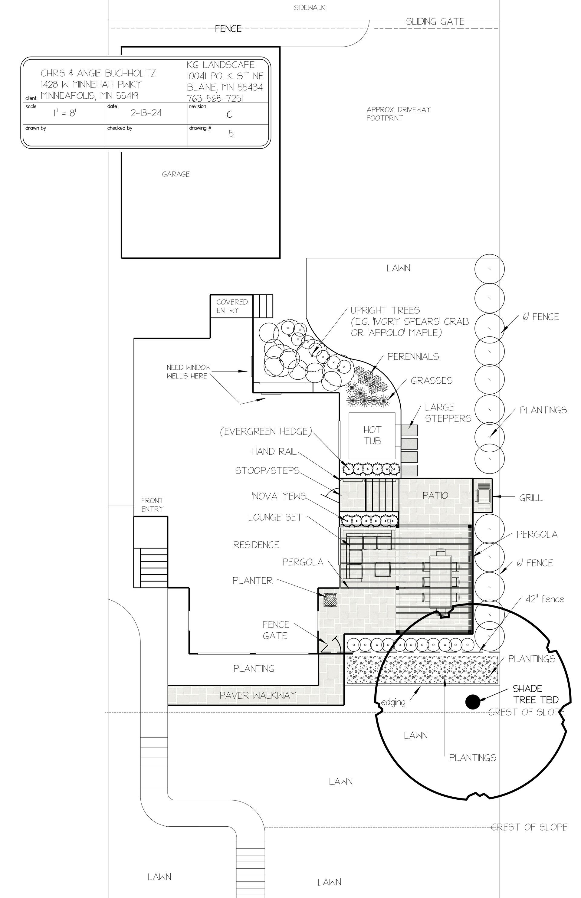 CONCEPT DESIGN 6 - exploring ideas for new patio, steps/stoop, bed lines, hot tub location, plantings, walkway, pergola, fencing, lawn shape etc.