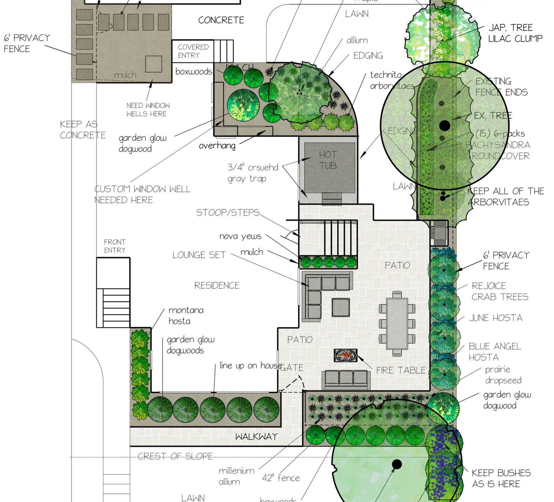 DESIGN 10 - exploring ideas for new patio, steps/stoop, bed lines, hot tub location, plantings, walkway, pergola, fencing, lawn shape etc.