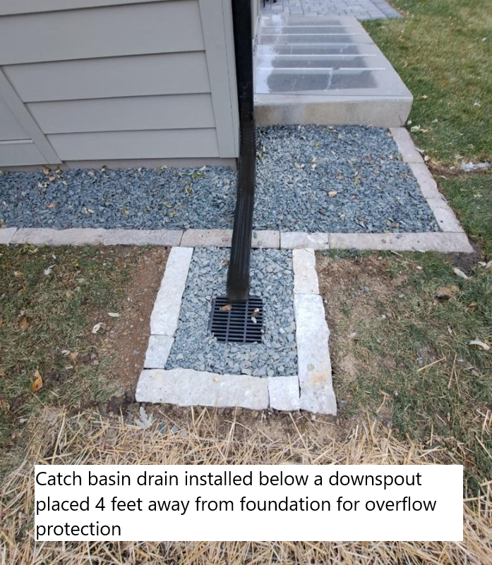Catch+basin+drain+installed+below+a+down+spout+spaced+4+feet+away+from+foundation+MN