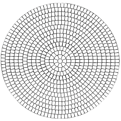 A black and white circle made of squares on a white background.