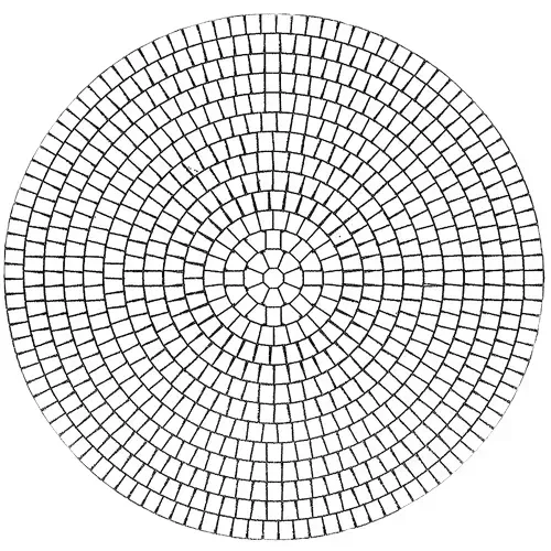 A black and white circle made of squares on a white background.