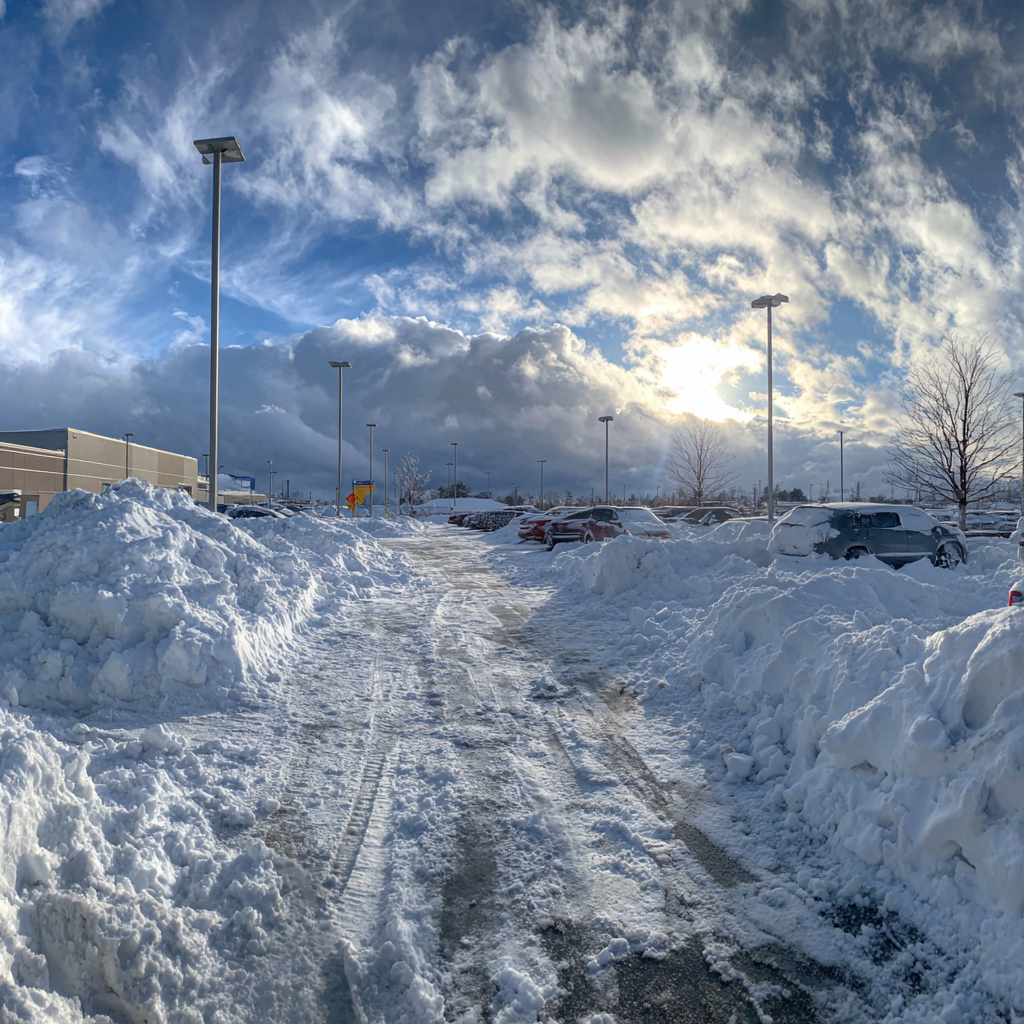 commercial parking lot outside mall with snow