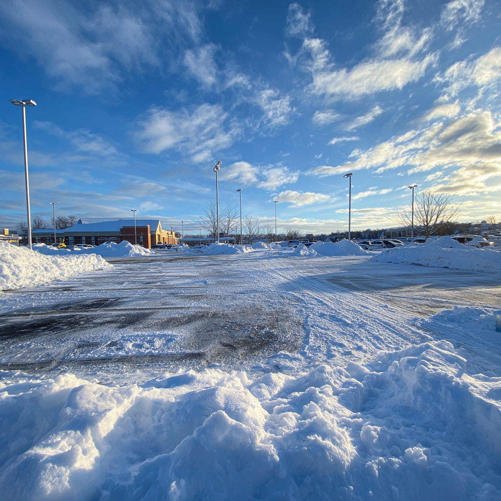 bright sky above commercial parking lot with snow