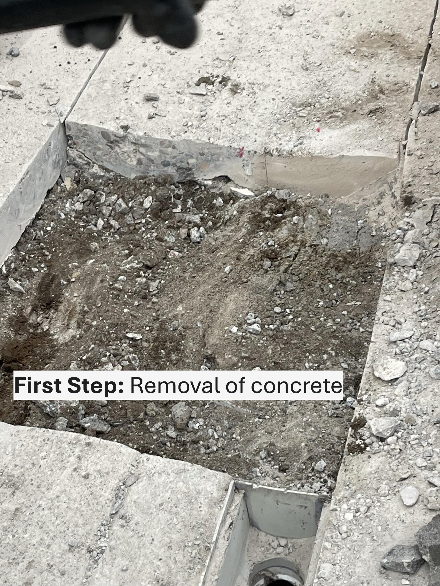 Square hole in concrete, revealing dirt. Text: 