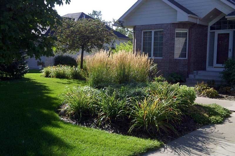 Front yard landscaping in Blaine MN  with beautiful layers of plants grasses and flowering tress adding interest front yard in Edina Minnesota KG Landscape.com