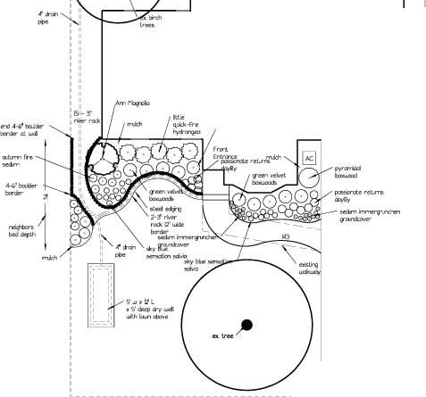 Overhead landscape design with a curved pathway, trees, garden beds, and a circular area.