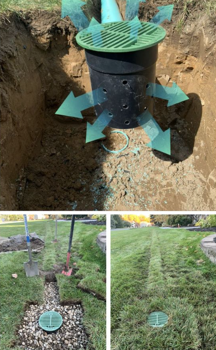 A drainage system is being installed in a yard.