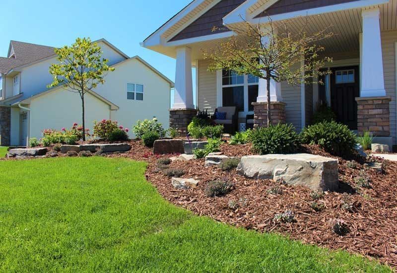 Front yard boulder outcropping landscaping in Minneapolis MN colorful with interest all season long redbud tree 