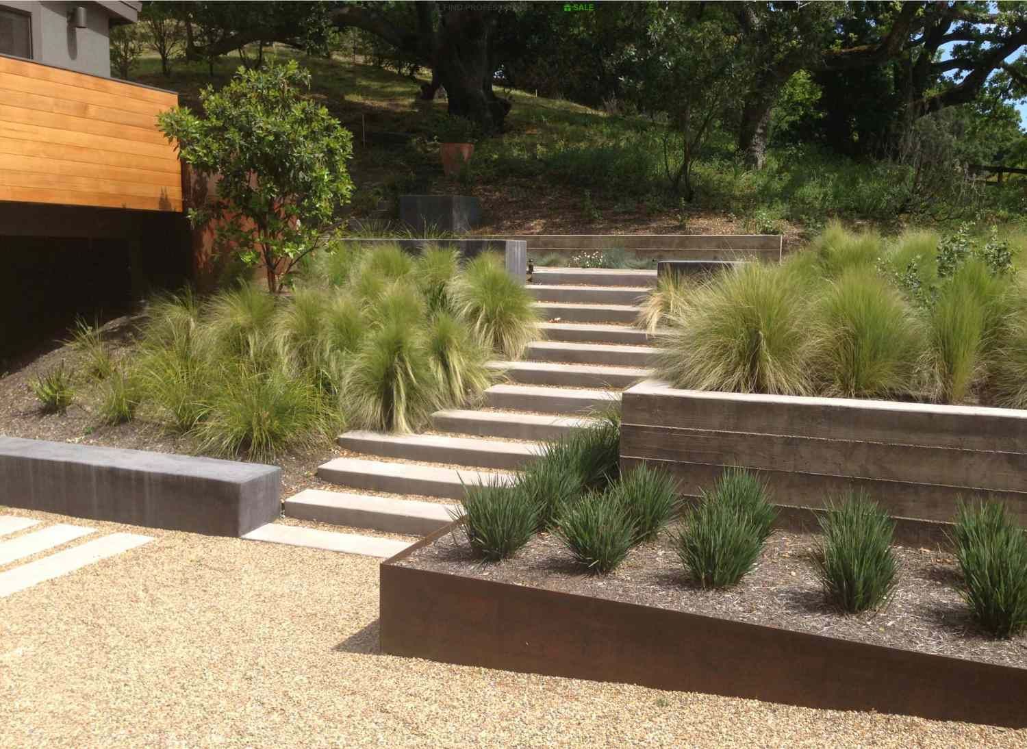Stone steps ascend a hillside, flanked by grassy plants and a modern retaining wall.