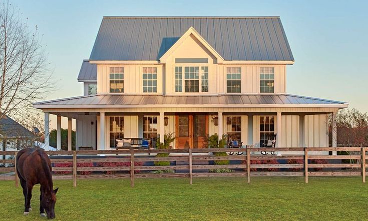 A horse is grazing in front of a large house