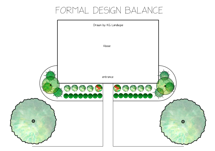 Front yard formal symmetrical design balance example colored concept plan