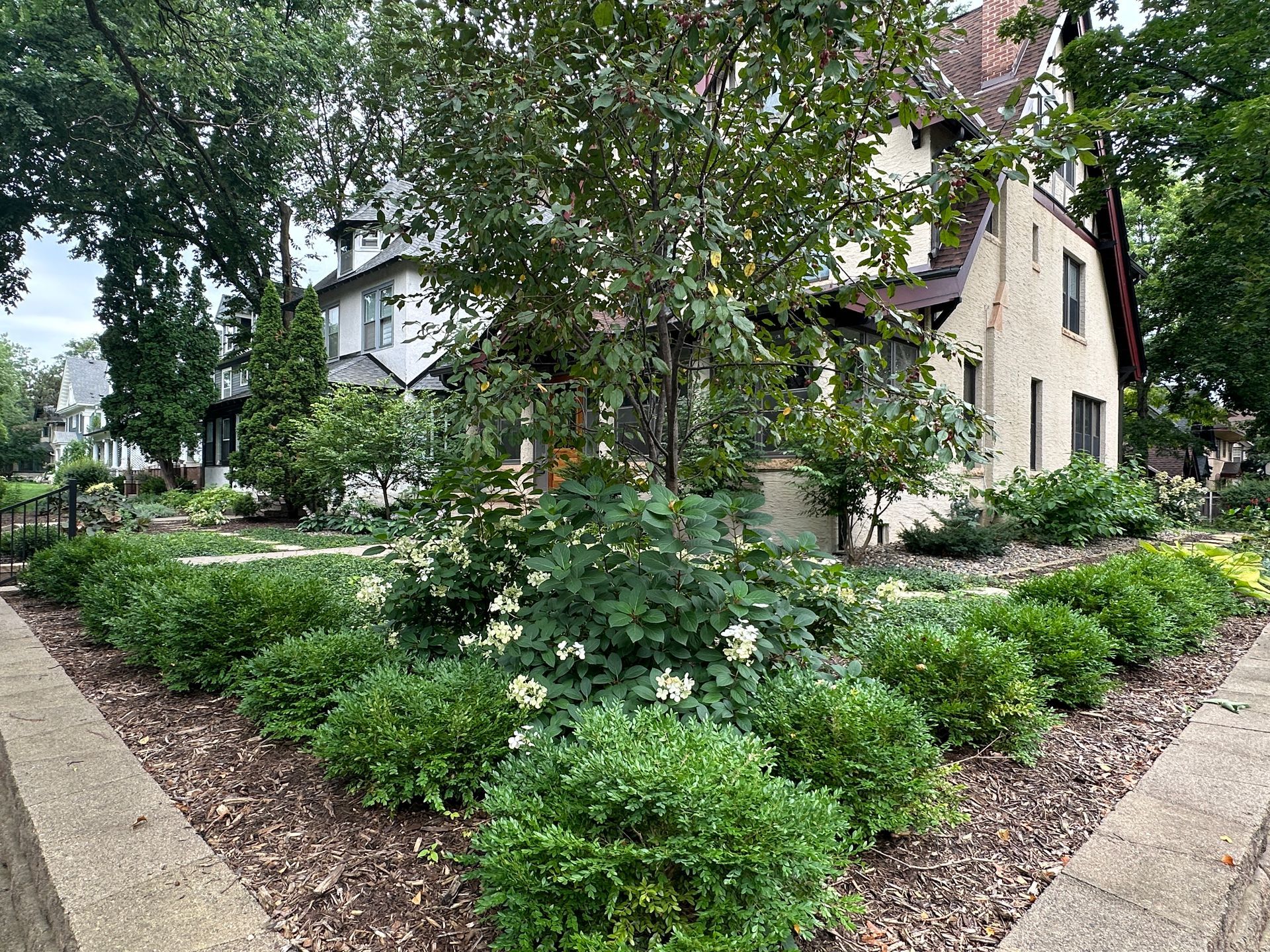 Front yard corner lot landscaping providing light privacy from corner view in Minneapolis by KG Landscape
