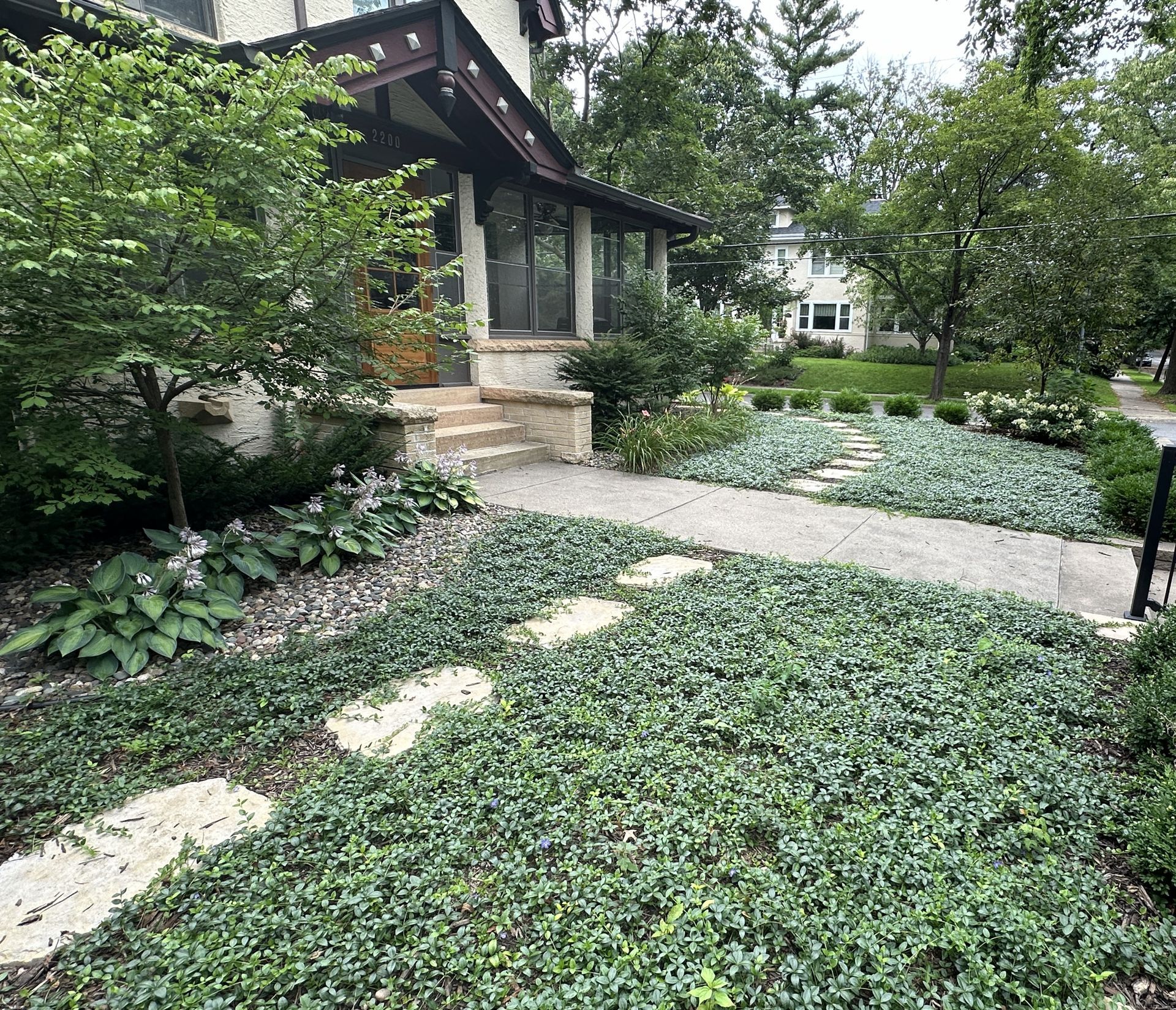 Front yard ground covers replacing lawn with low maintenance plantings in Minneapolis MN by KG Landscape