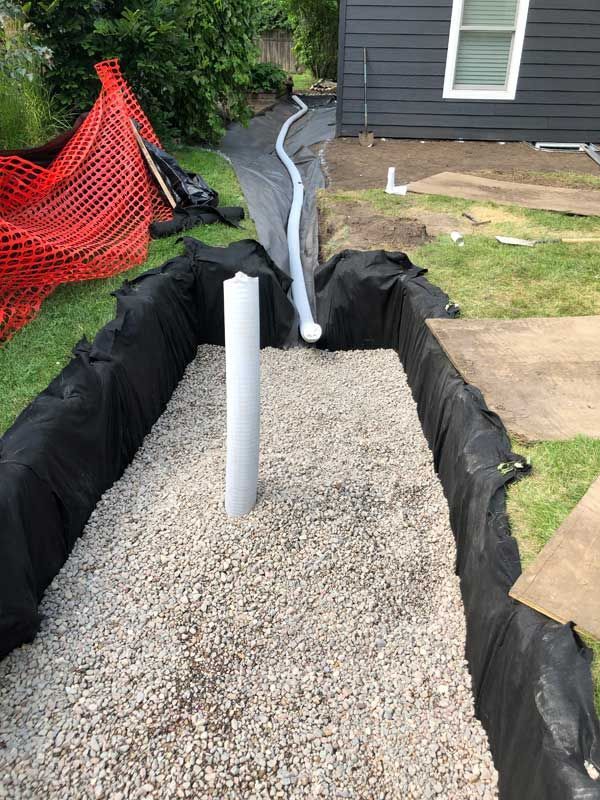 Side yard drainage solution with drain pipe and waterproof liner draining into front yard dry well 