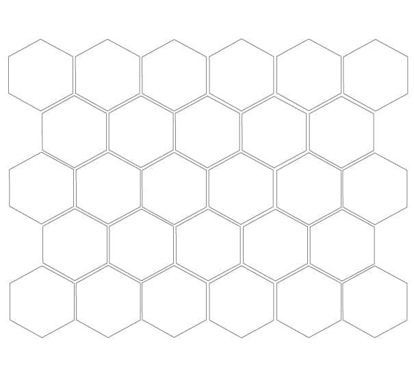 A white hexagon tile pattern on a white background.