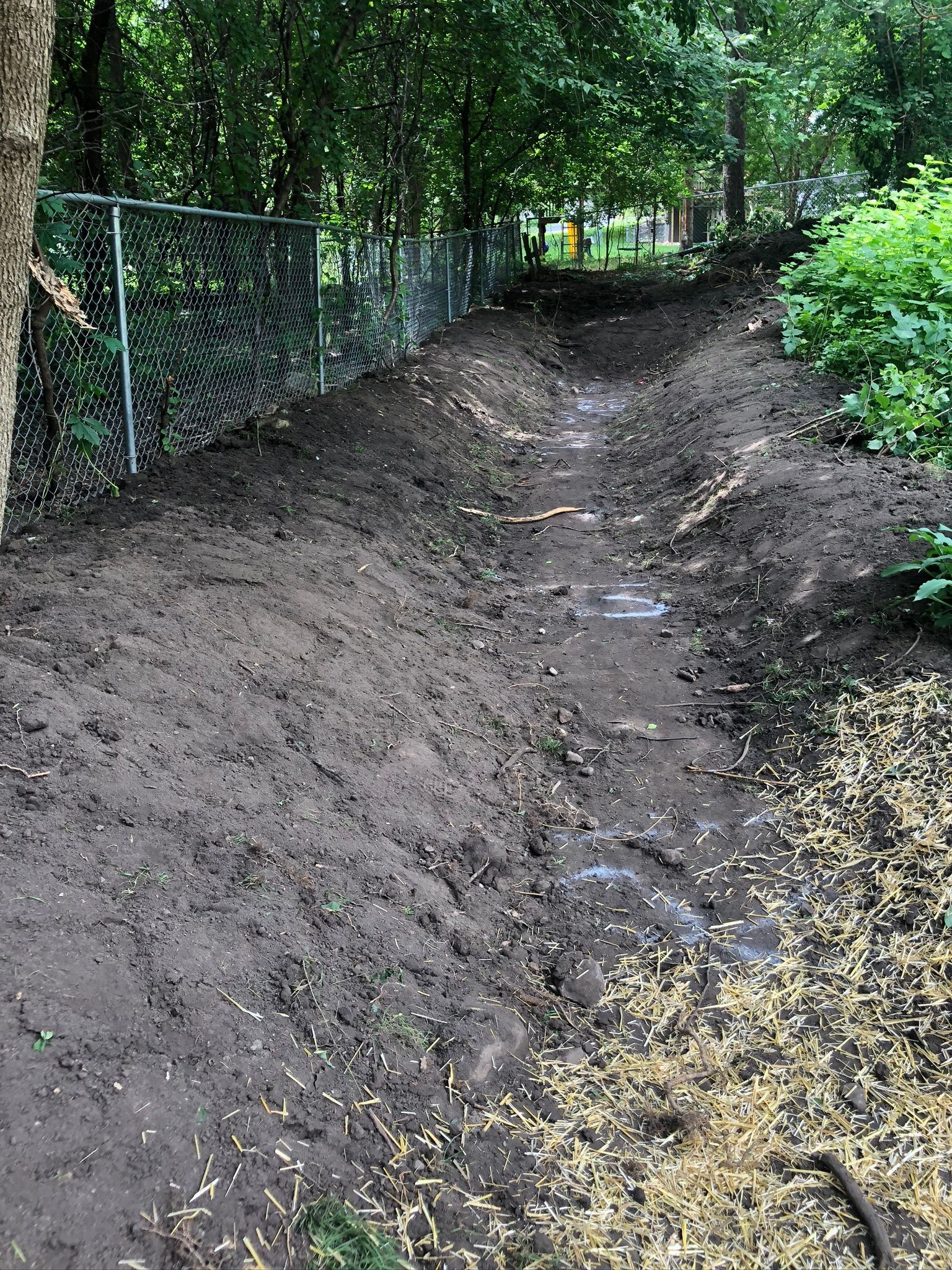 created low space for water to drain in yard Swale grading outdoor drainage Minneapolis with elevations marked