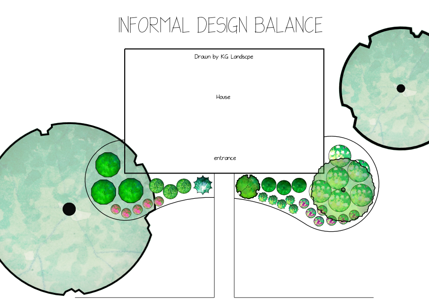 Front yard informal asymmetrical design balance example colored concept plan