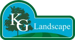 A logo for kg landscape with a tree in the background