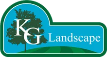 A logo for kg landscape with a tree in the background