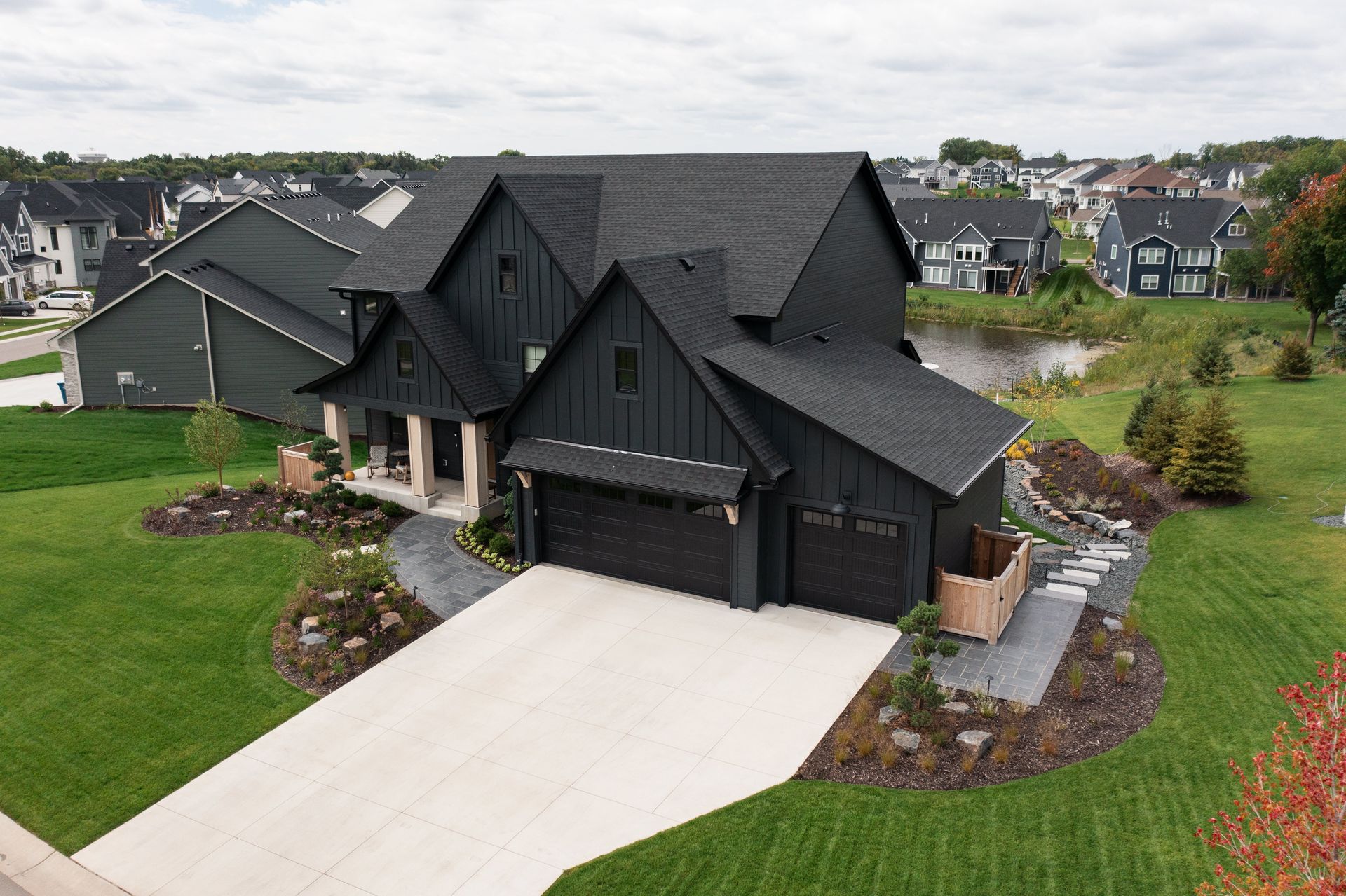 After Picture: an aerial photo of new front yard landscaping in for a home in Plymouth, both designed and built by KG Landscape