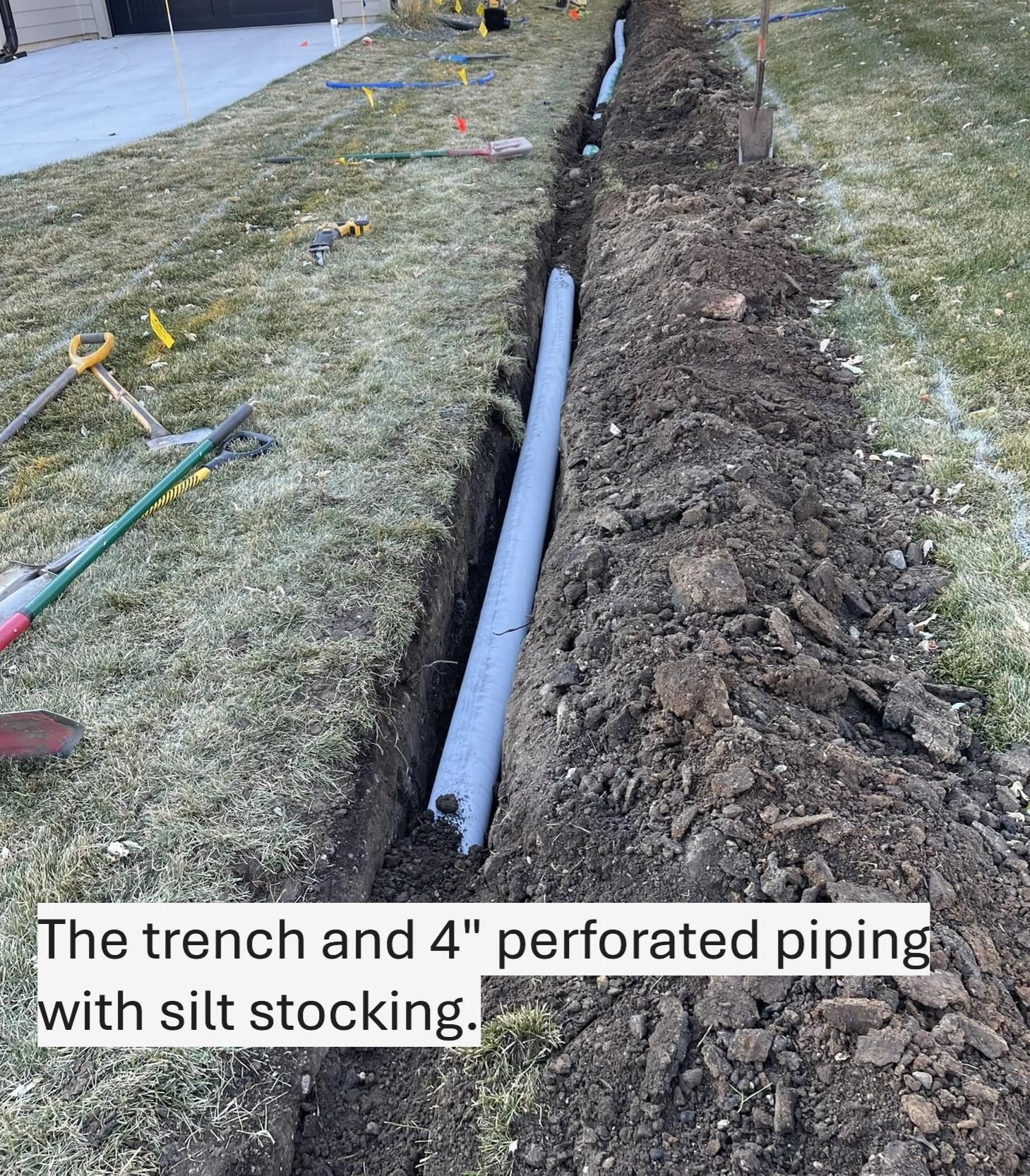 MN+french+drain+trench+with+perforated+piping+Drain-tile-with+silt+sock-covering-pipe