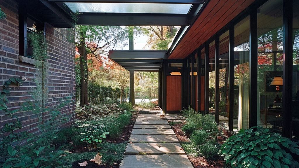 A brick house with a walkway leading to it