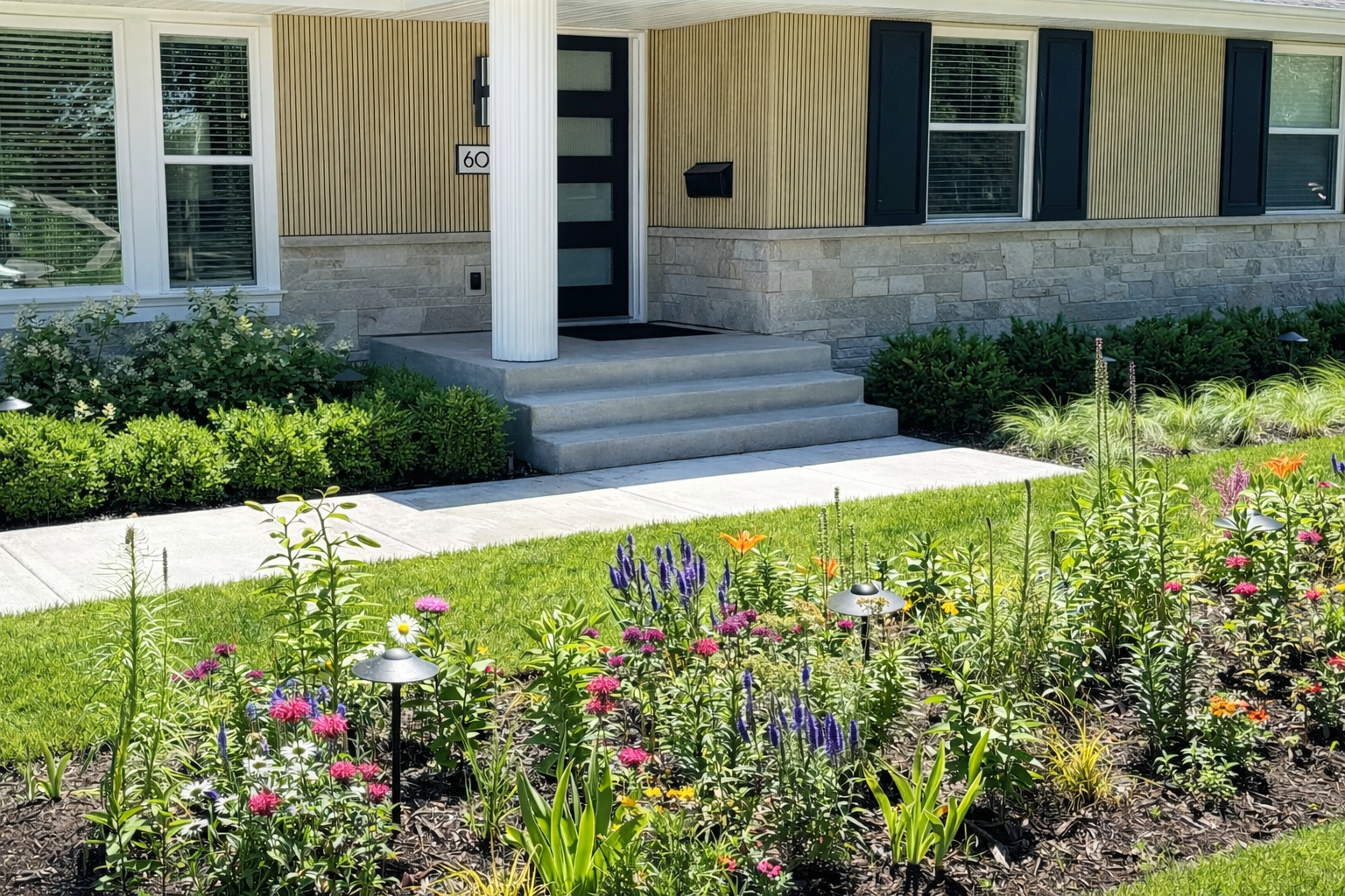 Front entry step, landing and plantings design project by KG Landscape in Edina MN 