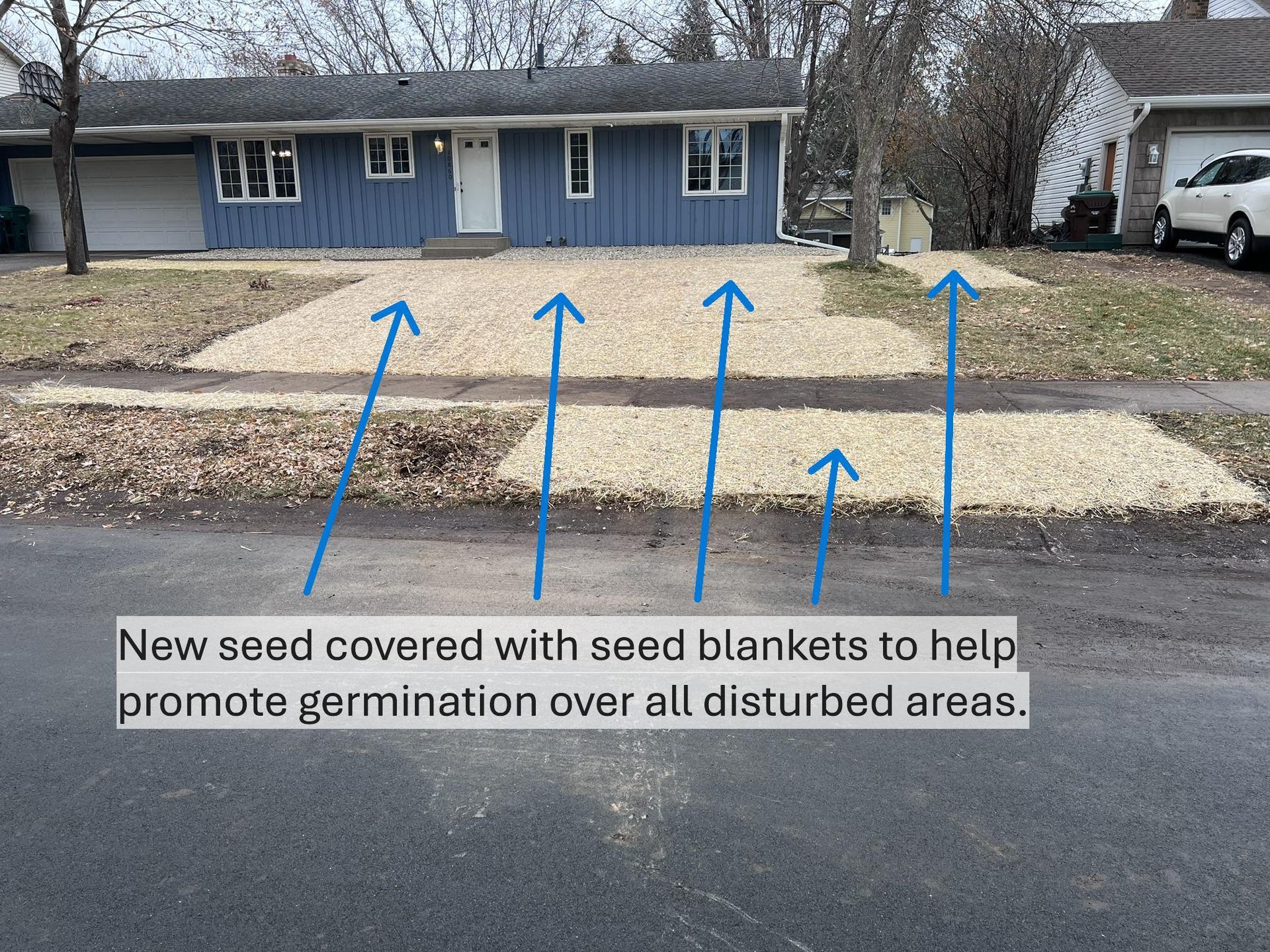 Seed blankets straw matting for reseeded areas after regrading yard for better drainage KG Landscape MN