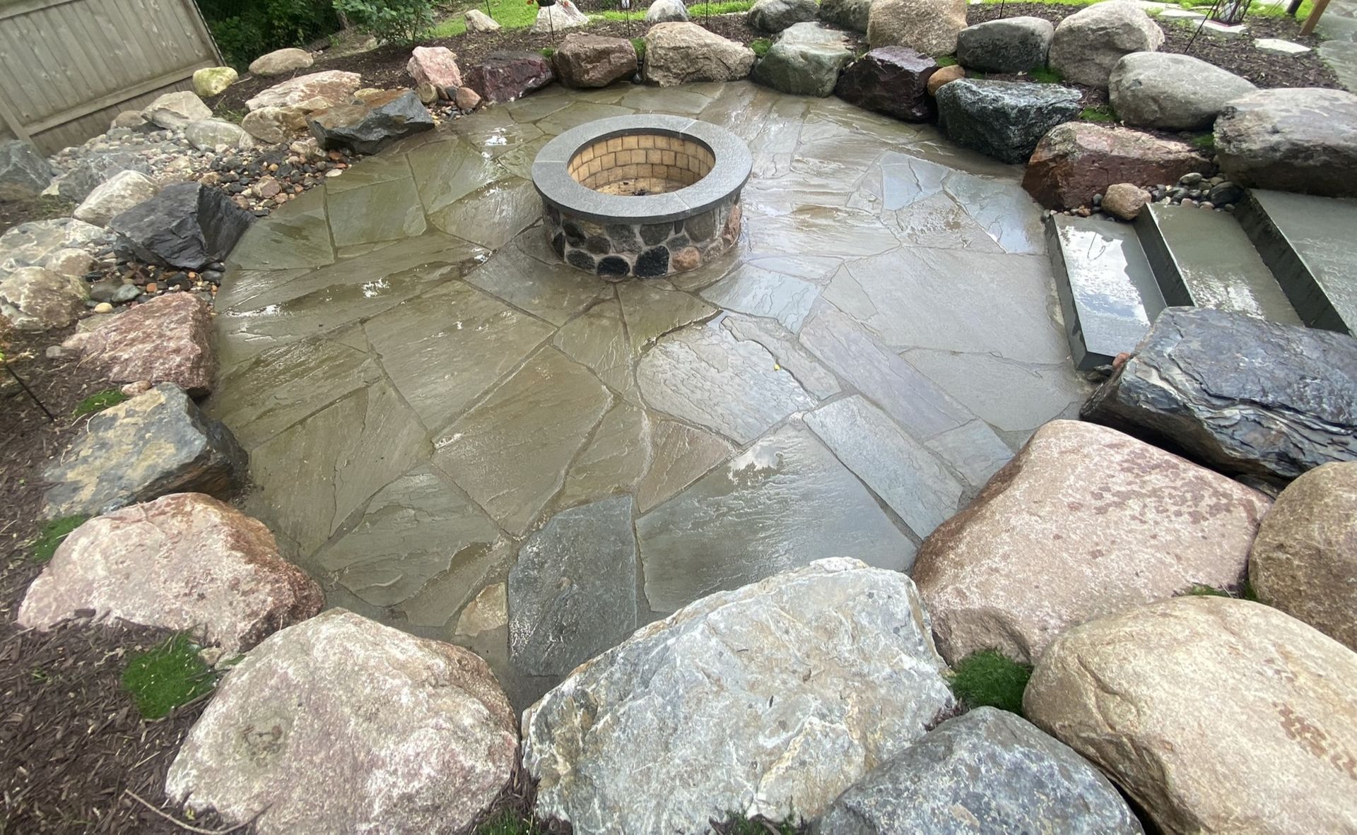 Sunken+fire+pit+patio+bluestone+with+boudlers+Plymouth+MN+KG+Landscape