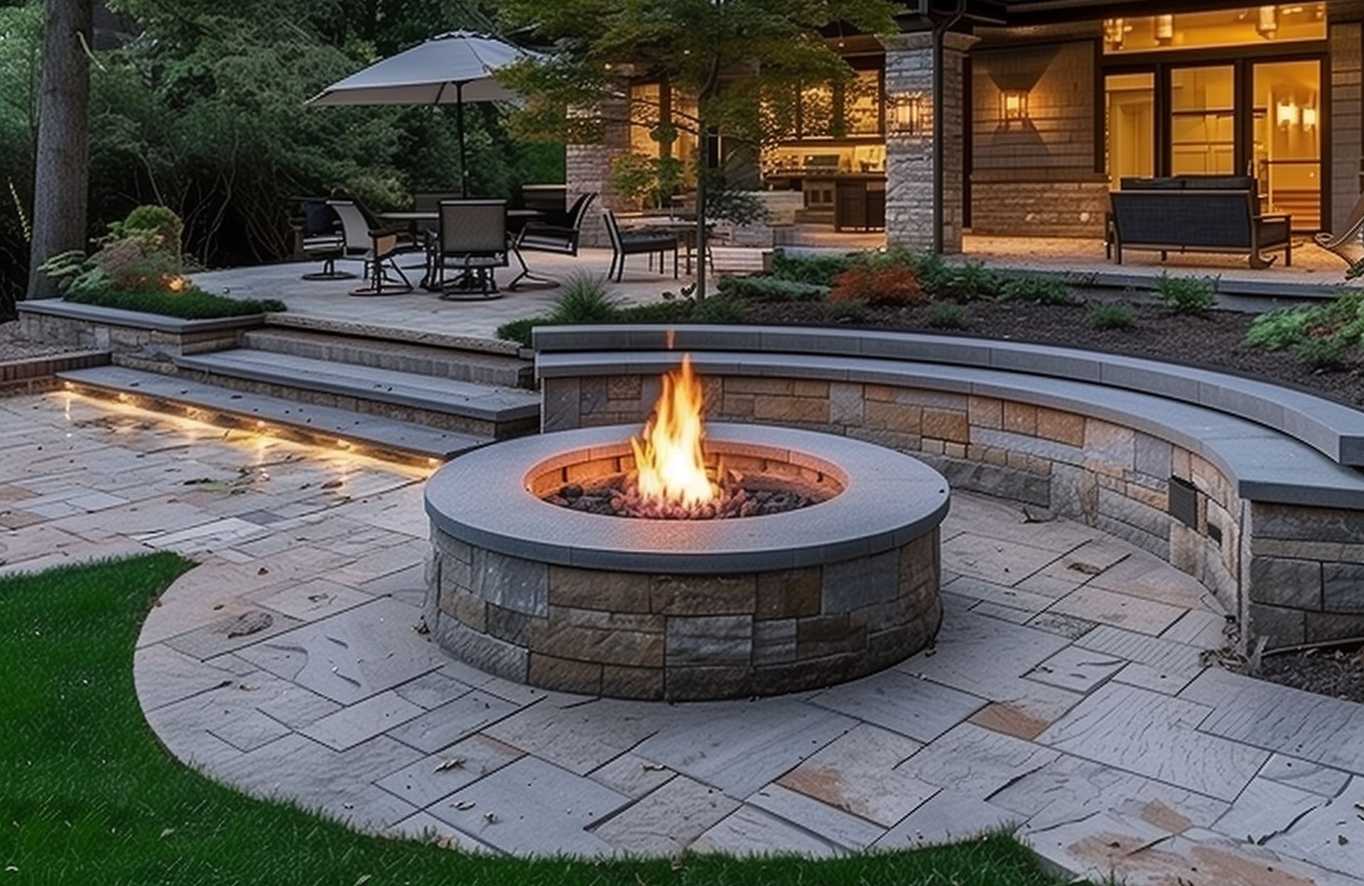 A fire pit in the middle of a patio in front of a house