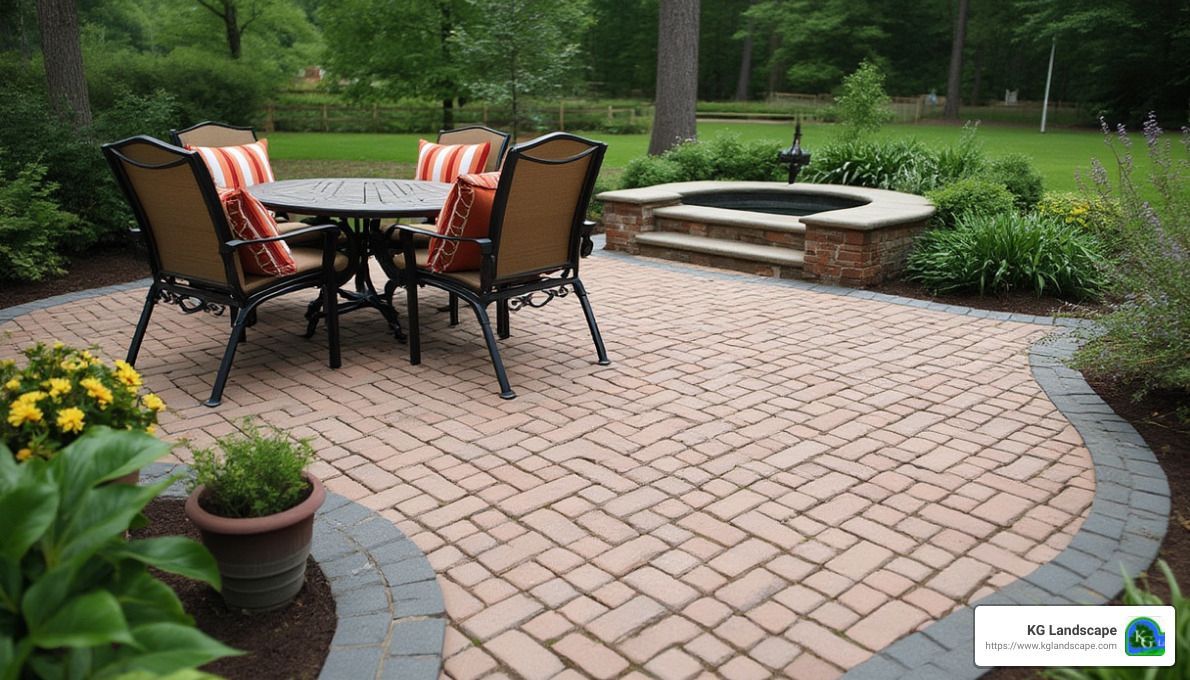 A patio with a table and chairs and a fire pit