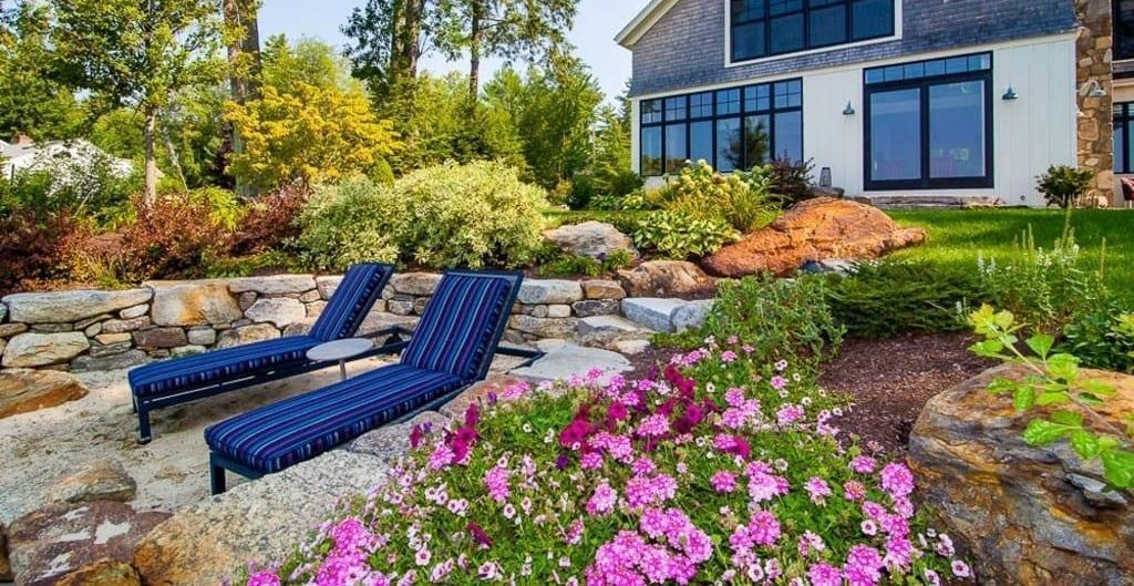 A patio with blue lounge chairs and purple flowers in front of a house.