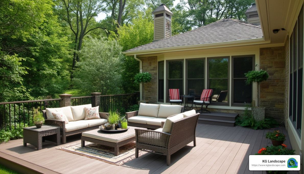 A patio with a couch and chairs on it in front of a house.