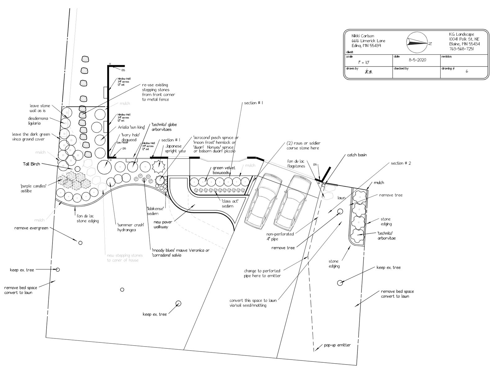 Design work: we created this new, clean and elegant front yard landscape design with new curved paver walkway and planting design