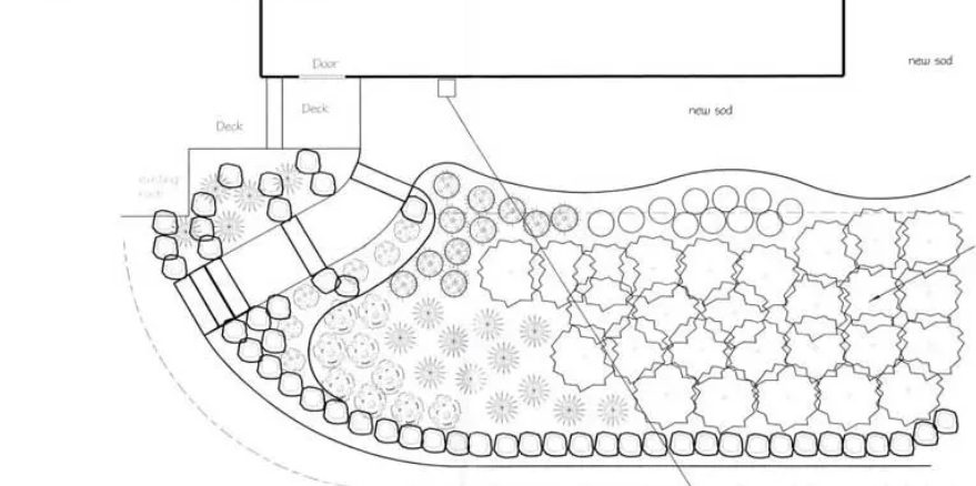 Landscape design plan featuring a deck, curved pathways, and planting beds with steps and bolder wall 