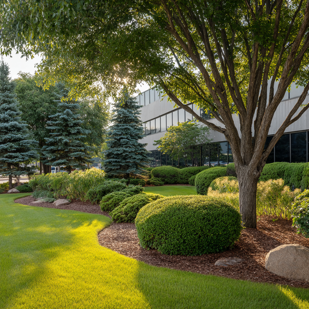 Commercial property entrance in Minnesota showing professional landscape maintenance