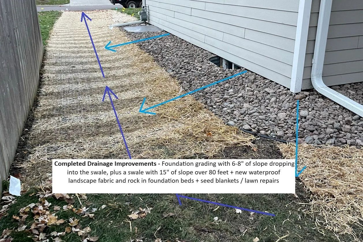 Foundation regrading and side yard drainage swale project showing drop in elevation with paint markings and arrows MN  