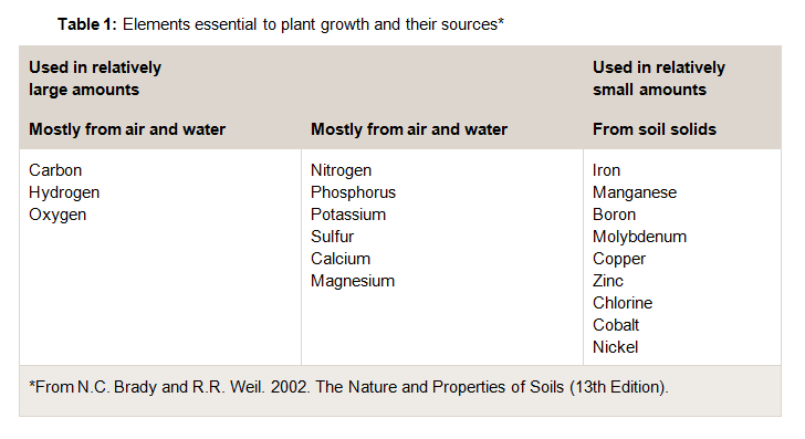 A table of elements essential to plant growth and their sources