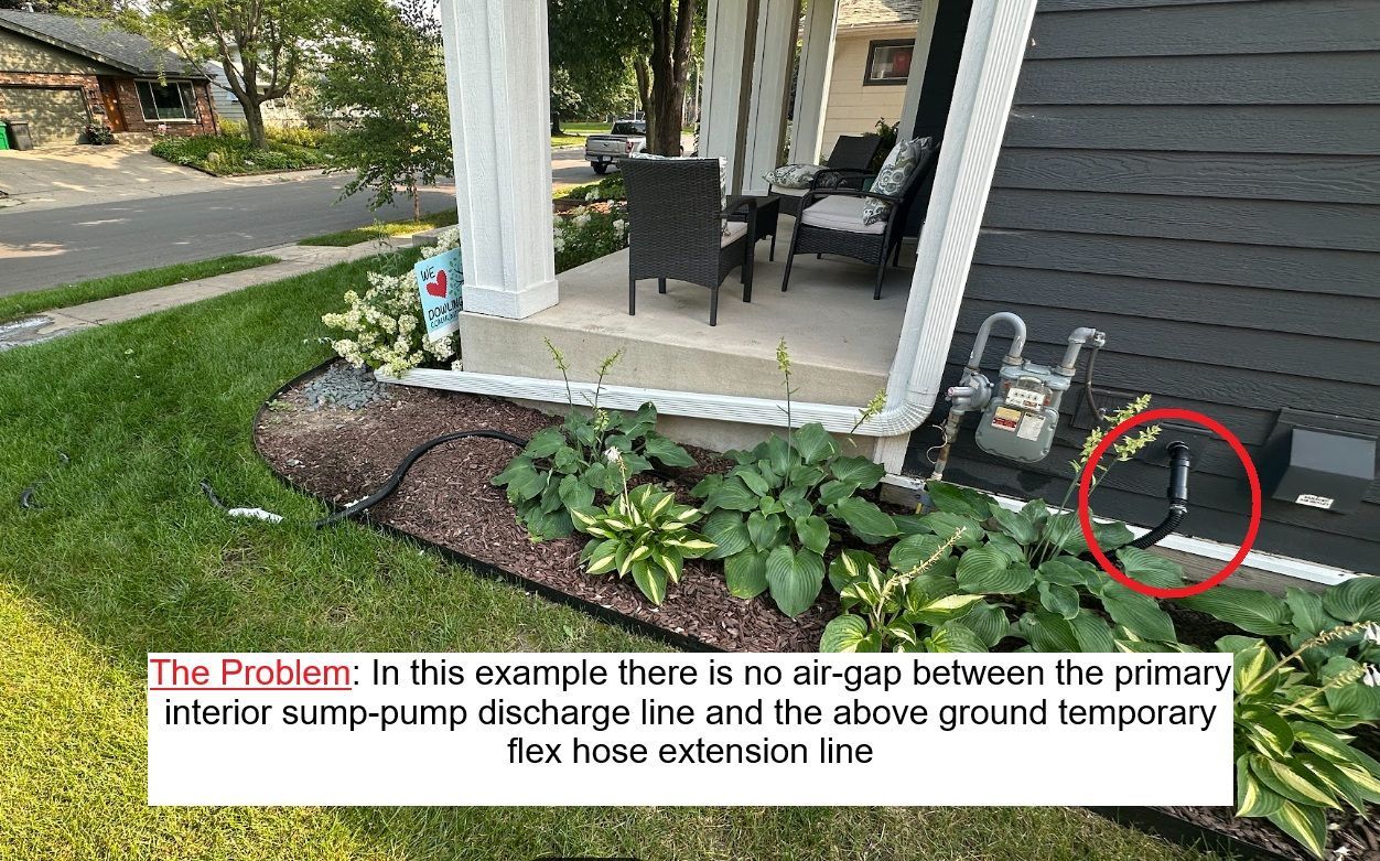 Marked up before image of the problem, bad connection - black exterior sump pump hose  connects to sump outlet with no airgap, can completely stop functioning when line freezes in snow / ice