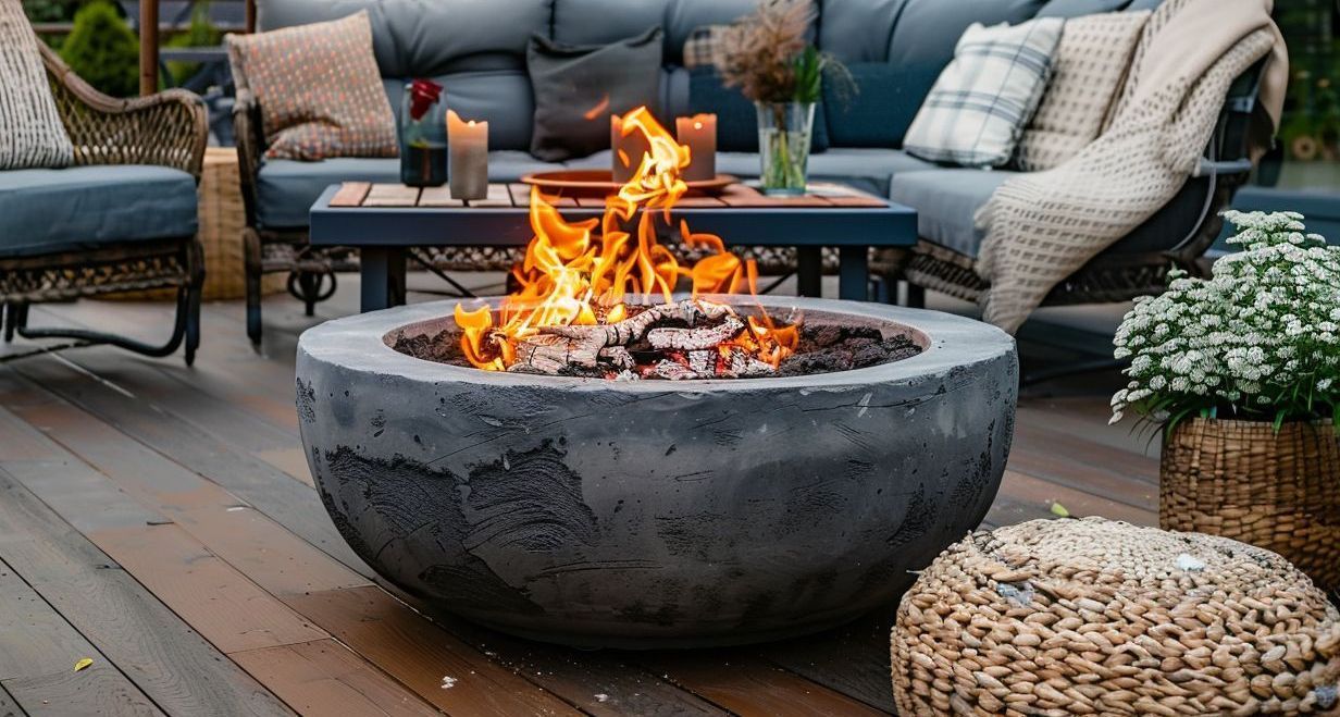 A fire pit is sitting on a wooden deck next to a couch and chairs.