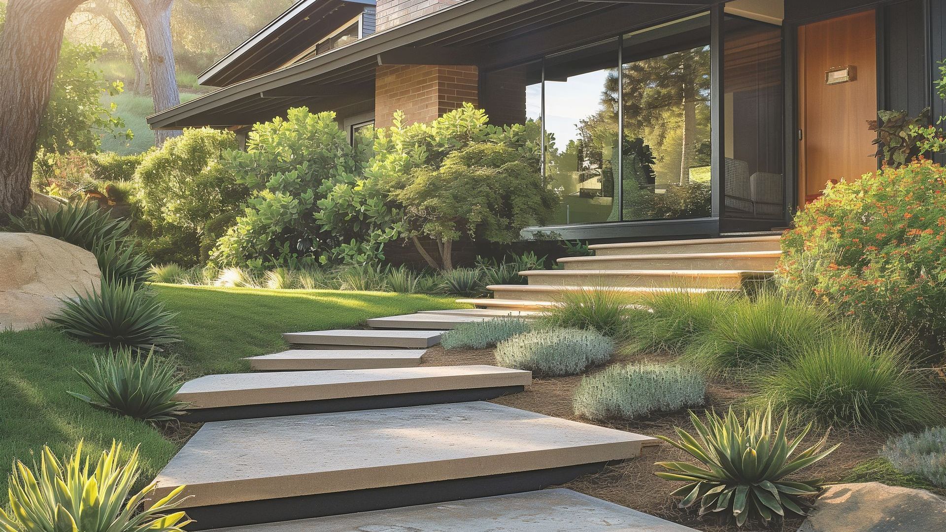 A stone walkway leading to a house with steps leading up to it.