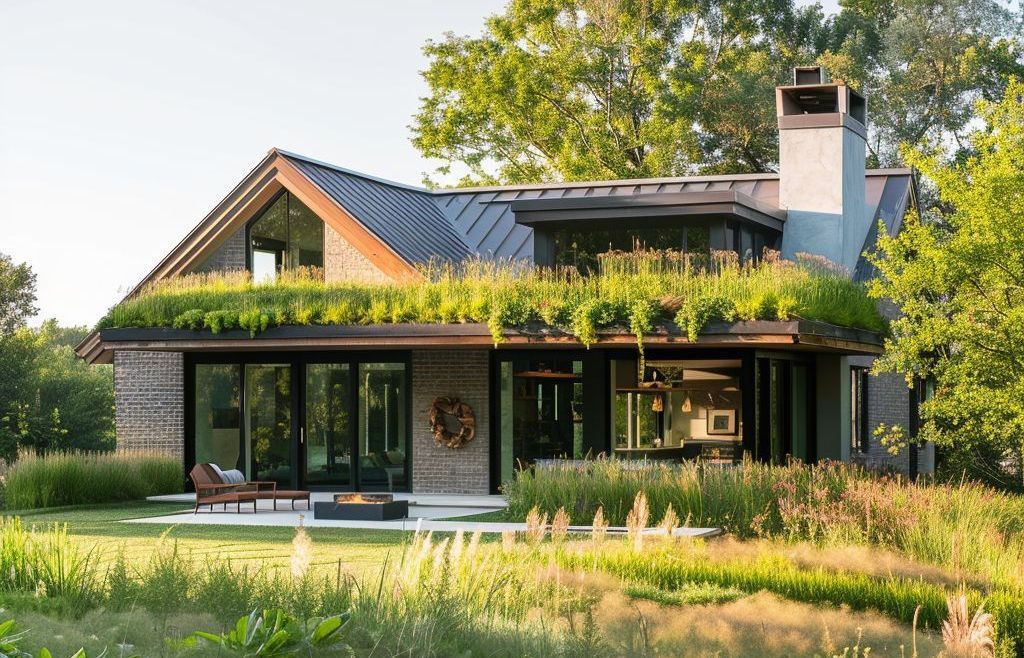 A house with a green roof is surrounded by trees and grass.