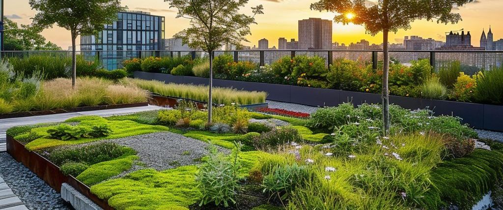 A rooftop garden with a view of the city at sunset.