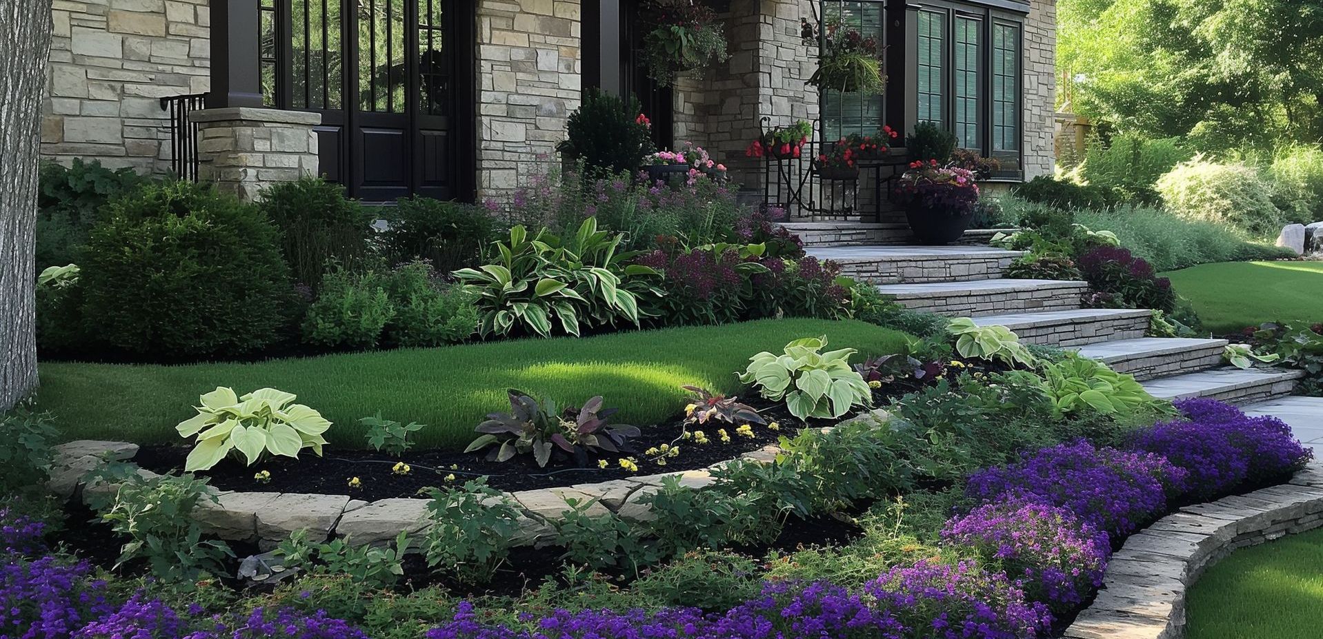 A large stone house with purple flowers in front of it.