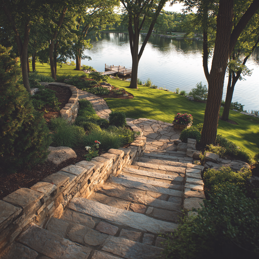 lakeside steps stairs leading down to the water, dock and beach area