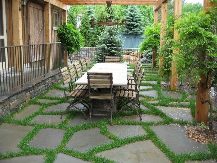 A patio with a table and chairs under a pergola