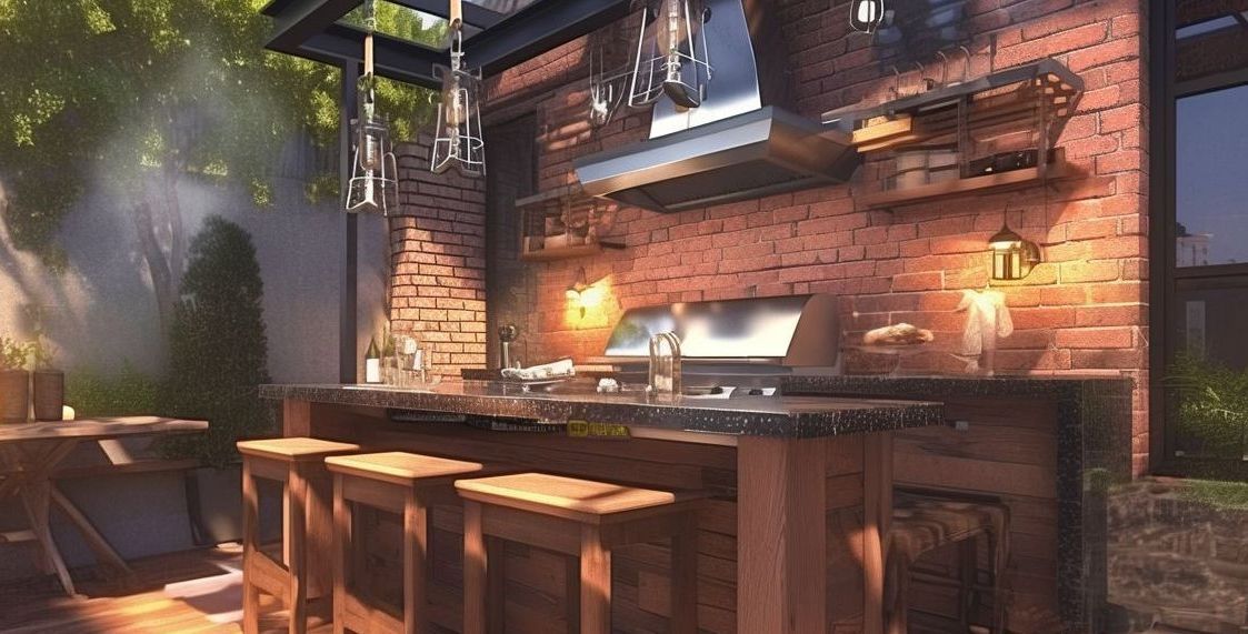 An outdoor kitchen with a brick wall and a grill.