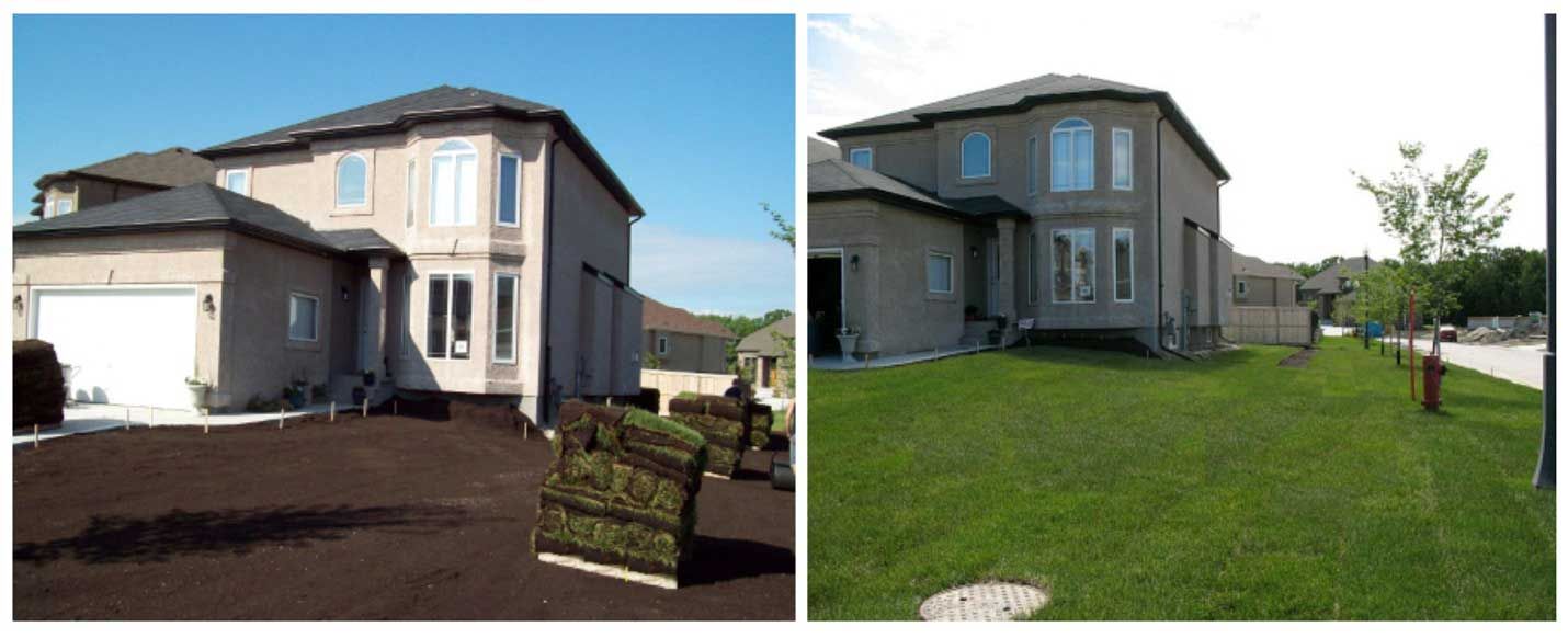 A before and after picture of a house with a lush green lawn